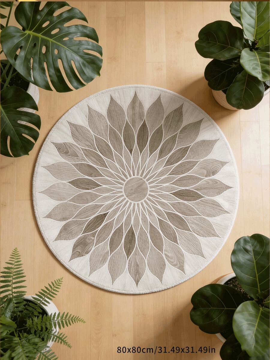1pc Faux Wool Sunflower Printed Round Decorative Rug/Mat, Machine Washable, Soft & Comfortable, Suitable For Bedroom, Living Room, Study And More Scenarios