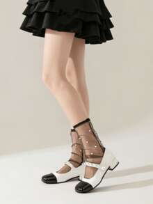 1双黑白薄款透明玻璃丝网浪漫中筒袜，适合春夏穿着 - 彩色 - 查看 5