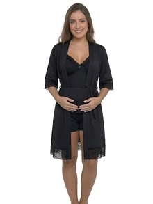 Baby Doll Kit With Easy-Open Button Nursing Bra + Comfortable Robe For Maternity, Hospital Outfit, And Postpartum Wear - Negro - Ver 2