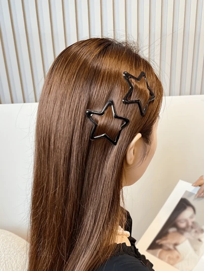 1/2 个星形发夹，Y2K 美学风格，镂空星形金属发夹，适合女性和女孩，可爱简约黑色发卡，按扣式发夹，日常佩戴和造型，沙滩配饰