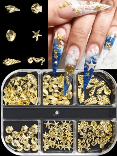 6格夏季海洋3D美甲饰品套装 - 海星、贝壳、海马、金属铆钉、美人鱼美甲装饰 DIY美甲用品 美甲宝石