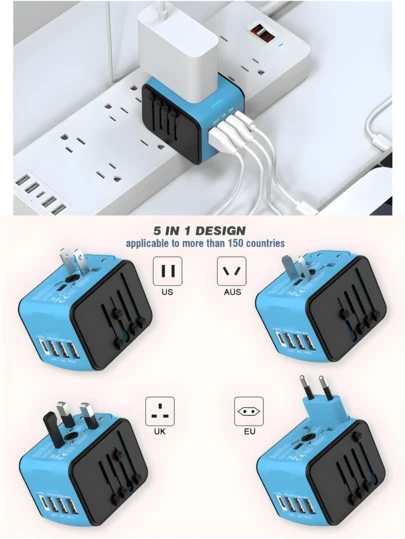 1 cái phích cắm chuyển đổi đa năng dùng khi đi du lịch, rất cần thiết khi đi du lịch, phù hợp với Trung Quốc, Mỹ, Úc, Anh, EU, Hàn Quốc, Nhật Bản và 224 quốc gia và khu vực khác, có sẵn màu xanh và đen.