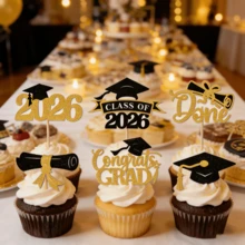 Conjunto de 1 decoração para cupcakes de formatura de 2026, toppers de bolo de formatura em preto e dourado com glitter, enfeites de bolo com chapéu de formatura e diploma de 2026, decoração para festa de formatura do ensino médio/faculdade para homens e mulheres. - Multicolorido - Ver 5