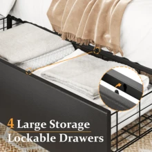 Gunji Queen LED Bed Frame With Charging Station And 4 Storage Drawers,  Upholstered Faux Leather Platform Bed With Wingback Headboard, Metal Frame With No Box Spring Needed, Black - Black - View 4