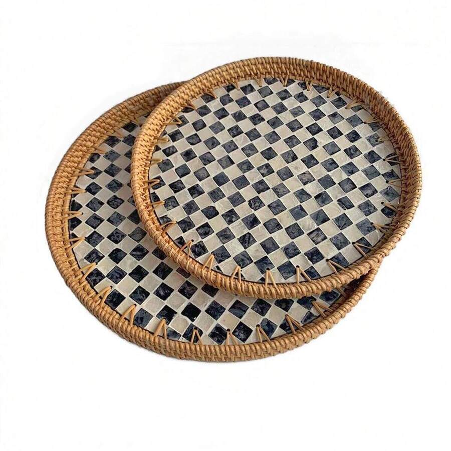 1 pieza Bandeja decorativa hecha a mano de estilo vintage con ratán y conchas, organizador artístico, bandeja para aperitivos, bandeja de té para decoración del hogar - Multicolor - Ver 1