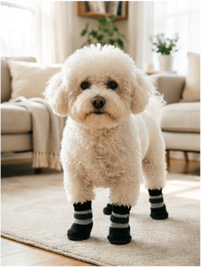 Bộ 4 đôi (1 bộ gồm 4 đôi) giày/ủng cho chó có đế chống trượt (kiểu ngẫu nhiên), chống trượt, mềm mại, chống trầy xước, có thể giặt và tái sử dụng, phù hợp với các giống chó như Shiba Inu, Pomeranian, Corgi, dùng được trong thời tiết mưa/tuyết và vỉa hè nóng, bảo vệ bàn chân vào mùa đông, thích hợp cho cả trong nhà và ngoài trời, cần thiết cho việc dắt chó đi dạo.