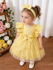 Đầm công chúa không tay cho bé gái, họa tiết hoa cúc jacquard ngọt ngào và dễ thương, chân váy lưới phồng với nơ và viền bèo nhún, lý tưởng cho mặc hàng ngày và đi nghỉ mát. - Màu vàng - Xem 9