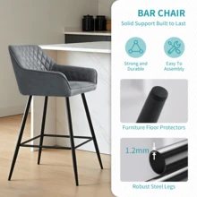 ZOONFA Grey Suede Upholstered High Bar Stool With Armrest & Backrest, Breakfast Kitchen Stool For Counter Island - Suede Grey - View 5