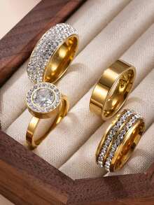 Set de 4 anillos de mujer elegantes y de moda con elementos de zirconia con letras romanas cortadas, de acero inoxidable con diamante de imitación, adecuados para uso diario, festivales, citas, compromisos, bodas y regalos - Plata 1 - Ver 7
