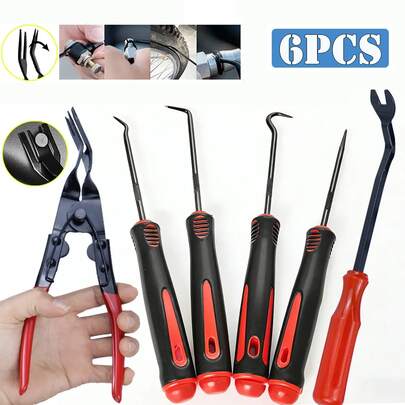6件套汽车紧固件拆卸工具，包括饰条拆卸铆钉夹、车门面板安装工具、盖板拆卸工具、带人体工程学手柄的重型金属O型圈拉拔器、耐用金属结构，可有效拆卸密封件，汽车维修工具