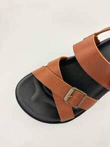 1 Pair Fashion Children's Sandals, Brown Girls' Flat Sandals, Metal Buckle & Hook And Loop Design Easy To Wear, Soft Non-Slip Sole, Suitable For Summer Outings, Banquets, Parties, Vacations - Brown - View 9