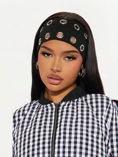 1 件 Y2K 朋克黑色发箍，适合女性和女孩，哥特式金属孔眼发箍，弹力宽发饰，适合 E-girl 颓废风格