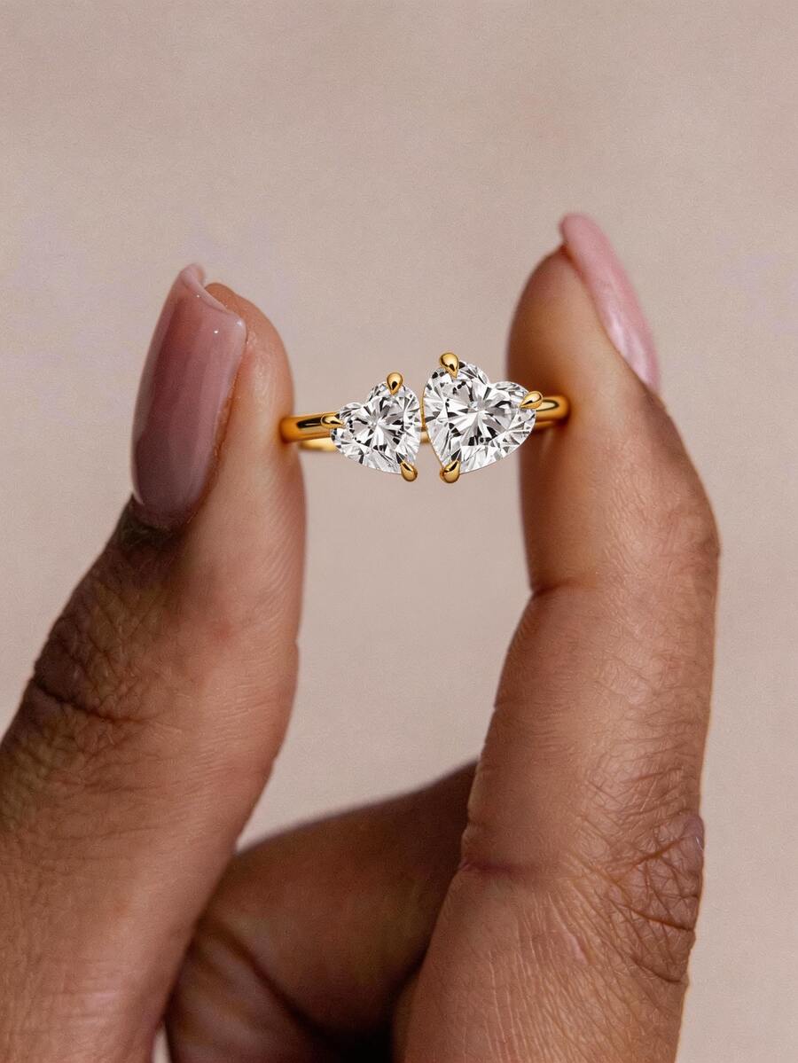 Bộ nhẫn vàng nữ, đính 2 viên đá Cubic Zirconia trắng hình trái tim; Bộ nhẫn đôi đính hôn Toi Et Moi + Toi-Et-Moi; Thanh lịch & Thời trang, đa năng, có thể đeo cùng nhiều nhẫn khác. - Vàng - Xem 1