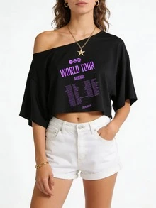 Women's Black Off-Shoulder Crop Top, BTS4 World Tour Arirang Schedule Graphic Kpop Concert Short Sleeve Tee, BTS4 World Tour Outfit, Kpop Concert Wear, Music Festival, Casual Daily Wear, Fan Merch. - Đen 1 - Xem 3