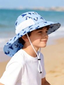 1件 3-14歲兒童遮陽帽，寬帽簷附頸部遮陽片戶外帽，附防風繩，透氣網布夏季帽，適合男孩女孩露營、徒步、海灘、上學 - 1PC - 查看 18