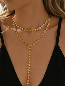 两件套：心形链项链、不锈钢压纹几何颈链和Y字形项链，时尚简约风格，男女皆宜日常佩戴。 - 金色 - 查看 1