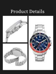 FOSSIL 男士腕表，蓝红表圈，提亮肤色，奢华运动时尚多功能计时码表，光滑亲肤不锈钢表壳，父亲节礼物，生日周年纪念，商务会议，现代精英之选，高端质感，大表盘石英模拟机芯，5ATM 防水 - BQ2771 - 藍色 - 查看 6