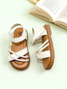 1 par de sandalias de moda para niños, sandalias planas beige para niñas, diseño de fácil de poner y quitar, suela suave antideslizante, adecuadas para salidas de verano, banquetes, fiestas, vacaciones - Beis - Ver 4