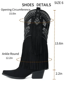 Knee High Boots For Women Rhinestone Fringe Wide Calf Pointed Toe Chunky Heel Western Long Tall Boot Cowgirl Cowboy Boots Pull On Retro Concert Festival Statement Boots - màu đen - Xem 10