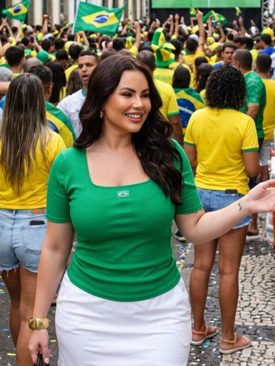 Women's Plus Size Blouse Brazil Square Neck Casual Plus Ribbed Premium Sizes 44 46 48 50 52 54 GG G1 World Cup - 巴西短袖上衣 - 綠色 - 查看 1