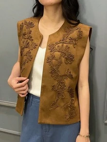 Chaleco de mujer de cuello redondo vintage bordado de ante, para primavera y verano - Marrón - Ver 5