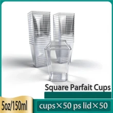25/50/100 piezas Vasos cuadrados transparentes de 5oz/150ml para parfait - Vasos desechables para postres para fiestas. Opcional: Cuchara/Tapa - Ver 18