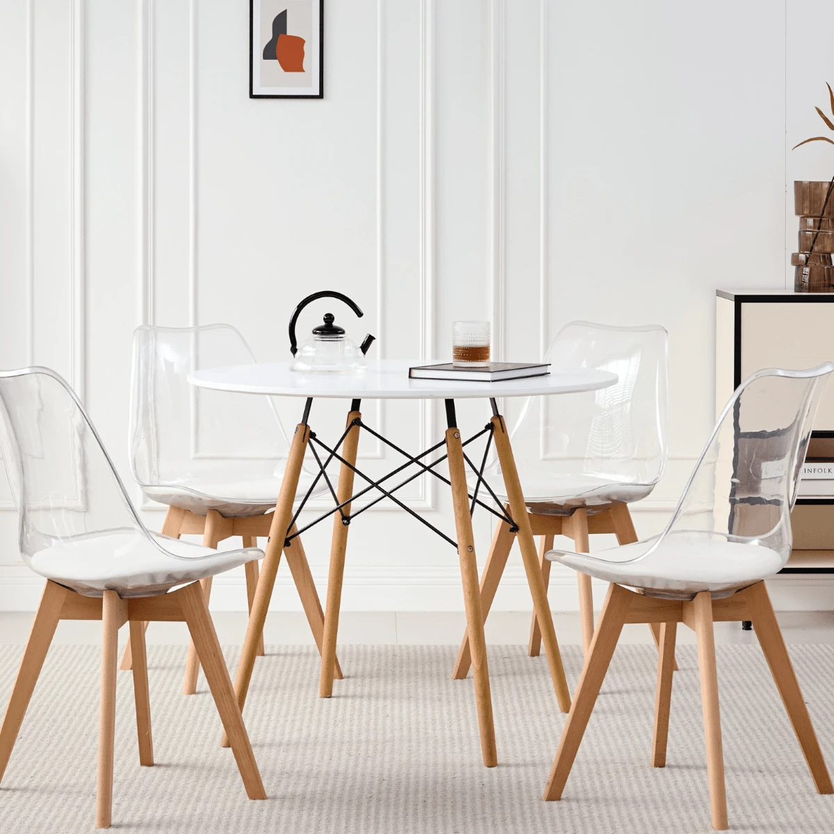 Modern Minimalist Clear Acrylic Dining Chairs, Padded Cushion With Wooden Legs, 2-Piece Set For Small Apartment, Dining Room & Kitchen - Màu trắng - 4 chiếc - Xem 1