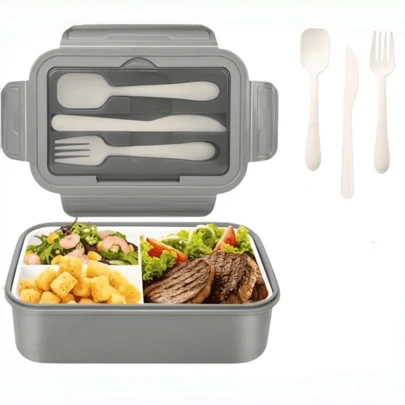 Caja de almuerzo Bento de 1400ml con 3 compartimentos y utensilios para adultos, caja de almuerzo con recipientes para salsa, apta para microondas y lavavajillas (Gris)