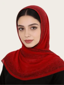 1pc Women's Lace Knitted Elastic Fabric Diamond Crafted Viscose Maxi Hijab Scarf, Malaysian Fashion Headscarf - Lace Rhinestone Long Scarf In Multiple Colors - View 6