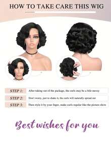 Peluca sintética elegante y retro con ondas de dedo de 6 pulgadas, con textura de cabello natural adecuada para fiestas, bodas y uso diario - Negro - Ver 6