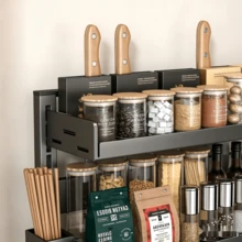 Spices Organizer Rack, 2/3 Tier Adjustable Carbon Steel Spice Rack With Knife & Spoon & Cutting Board Holder, Extra Wide Thickened Countertop Storage Shelf, Height Adjustable Space Saving Kitchen Organizer For Spice Jars Oil Bottles Cookware - Grey - View 4
