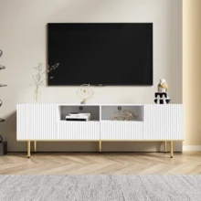 Modern TV Stand, TV Cabinet With Legs And Gold Details. Description - White - View 2