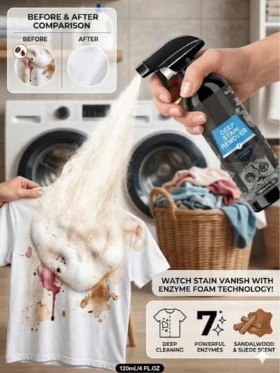 308ml Deep Stain Remover Spray With 7 Enzymes - Sandalwood & Suede Long-Lasting Fragrance - 120ml Laundry Detergent For Fast Oil & Coffee Cleaning, Carpet Cleaner, Clothing Cleaner, Stain Remover, Cleaning Supplies, Cleaning Accessories, Washing Machine Accessories, Bathroom Supplies, Mother's Day Gift