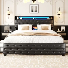 Gunji Queen LED Bed Frame With Charging Station And 4 Storage Drawers,  Upholstered Faux Leather Platform Bed With Wingback Headboard, Metal Frame With No Box Spring Needed, Black - Black - View 2
