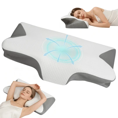 Ergonomic Memory Foam Neck Pillow , Butterfly Support Design For Side/Back/Stomach Sleepers Neck Pillows For Sleeping Ergonomic Pillow