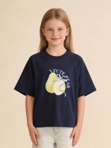 Balabala Camiseta de manga corta para niñas, de tela de algodón, con estampado que absorbe la humedad y seca rápido - azul oscuro - Ver 3
