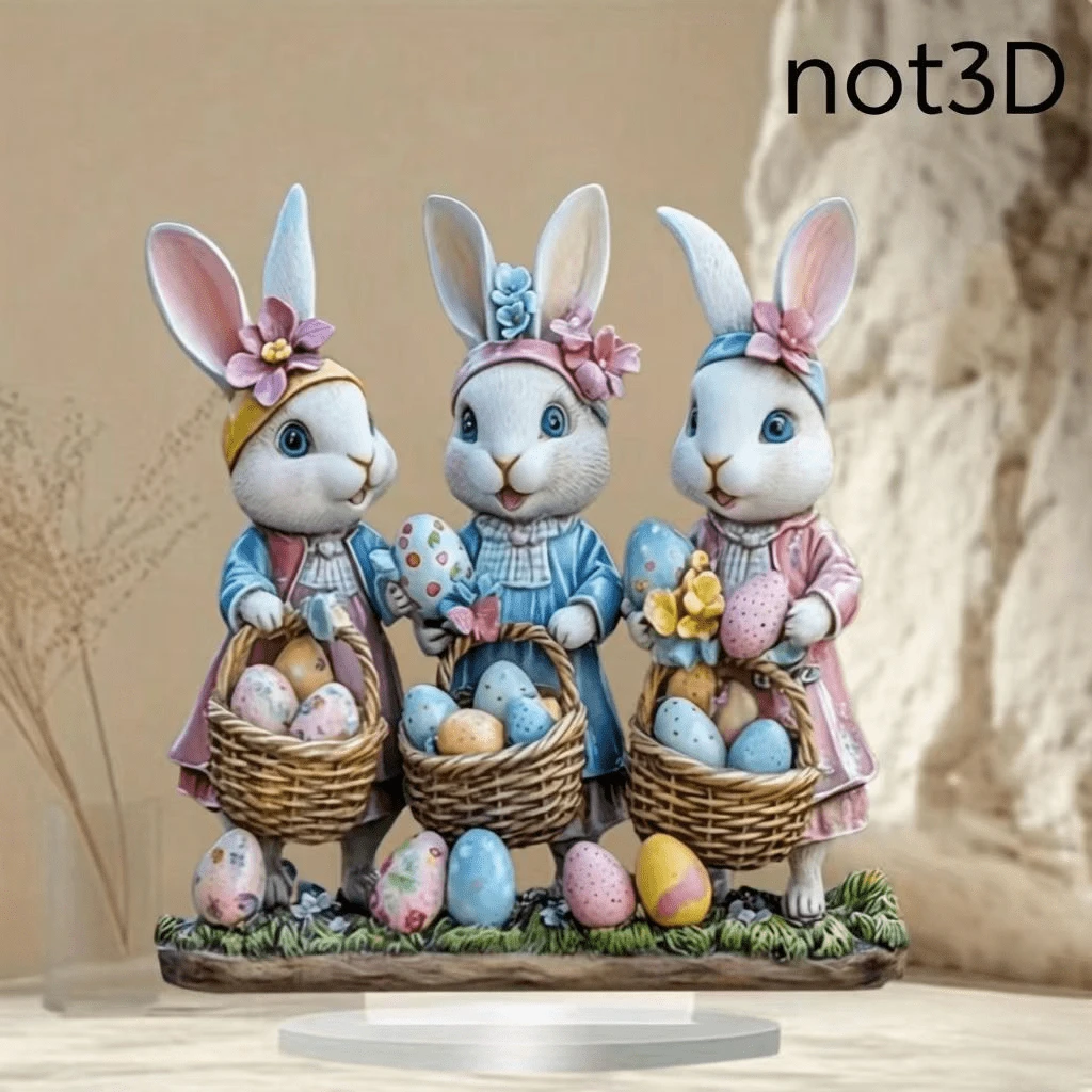 2 Figuras decorativas de huevos de Pascua y conejitos de colores acrílicos 2D, decoración vintage para el hogar, decoración de escritorio para días festivos