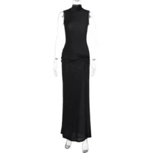 Fashion Temperament Slim-Fitting Turtleneck Sleeveless Splicing Streamer Bright Silk Dress - Black - View 1