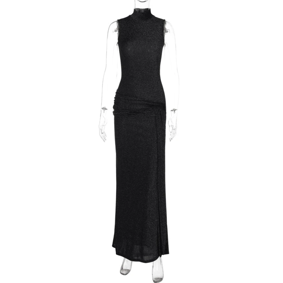 Fashion Temperament Slim-Fitting Turtleneck Sleeveless Splicing Streamer Bright Silk Dress - Black - View 1