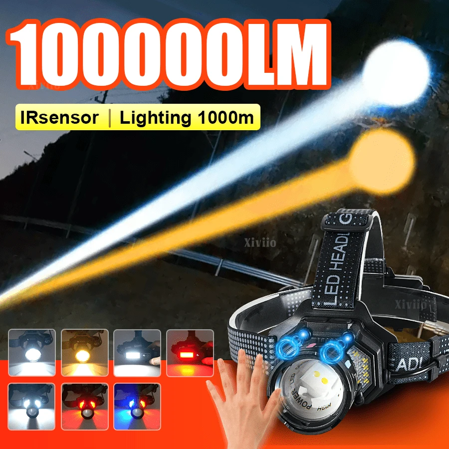 100000LM Potente Linterna Frontal LED Luz Recargable Sensor Camping Cabeza Linterna Blanca/Amarilla Larga Distancia Lámpara Frontal