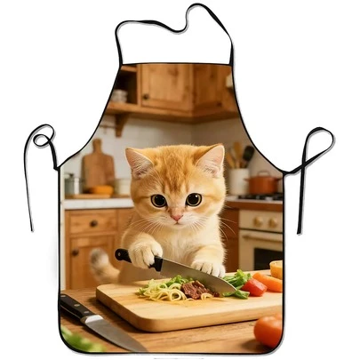 1件趣味3D打印可爱橘色虎斑小猫厨师围裙，男女通用，可调节防水防油厨房围裙，印有可爱猫咪烹饪图案，新奇动物围裙，适用于烹饪、烘焙、烧烤，是送给爱猫人士的完美礼物，也是家庭厨房餐厅厨师的理想之选，适合节日、生日、乔迁、母亲节、父亲节、圣诞节等场合。