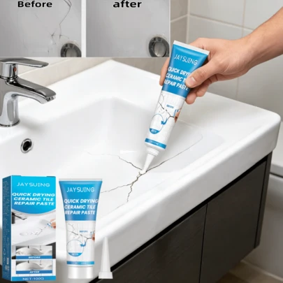 JAYSUING Ceramic Tile Repair Glue - Suitable For Repairing Cracks And Holes In Bathtubs, Marble, Furniture, Floor Tiles, Toilets, Etc. Dries Quickly With A Glossy Finish. Fully Dries In Just 8 Hours. Once Dried, It Becomes Ceramic-Like In Appearance, Non-Absorbent And Won't Attract Dirt.