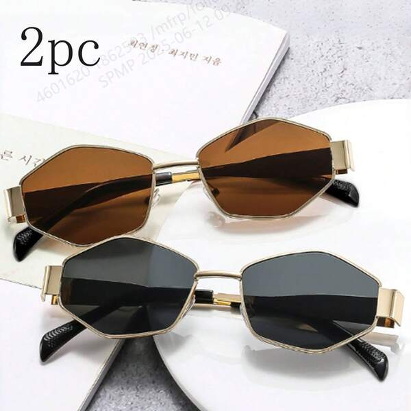 2pcs Retro Oval & Rhombus Metal Frame Glasses, Bohemian Style Fashion Eyewear For Men And Women, Suitable For Daily Wear, Travel And Beach