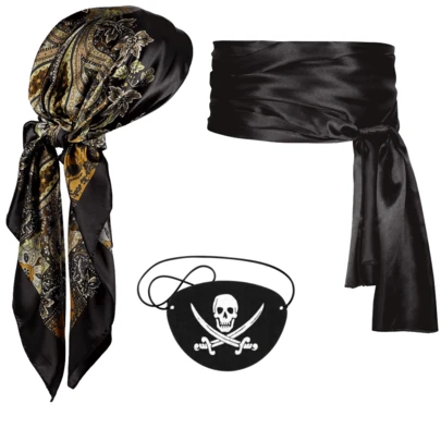 3 Pieces Perfectly Blend The Classic Pirate Elements With The Gothic Style Of The Pirate Outfit, Including 1 Skull Eye Mask, 1 Vintage Printed Headscarf, And A Black Waist Belt. With These Accessories, You Can Create A Remarkable And Unique Look For Any Costume Party. Summer Ocean-Themed Costume, Beach Party Attire And Props
