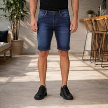 Bermuda Jeans Masculina 2 Tons Premium | Elastano Conforto | Casual Moderna - Lavagem escura - Visão 6