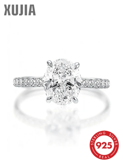 XUJIA 1 pieza Anillo de compromiso de moissanita de 3 quilates, anillo de moissanita de corte ovalado de plata esterlina 925, moissanita de 8x10mm de color D y claridad VVS1, con acentos de circonita cúbica, anillo de boda, regalo de aniversario, joyería nupcial para mujer