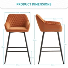ZOONFA Orange Velvet Upholstered High Bar Stool With Armrest & Backrest, Breakfast Kitchen Stool For Counter - Orange - View 3