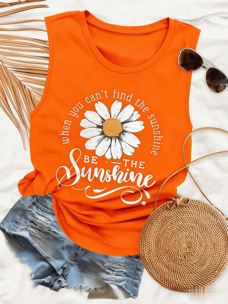 Plus Size-Inspirational Style, Flowers, Sunshine, Letter Print Sleeveless Round-Neck Tank Top-1XL-5XL - trái cam - Xem 1