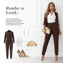 Conjunto Feminino Linho Calça E Camisa Manga Botões - Marrom - Visão 7