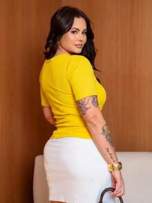 Women's Plus Size Blouse Brazil Square Neck Casual Plus Ribbed Premium Sizes 44 46 48 50 52 54 GG G1 World Cup - ÁO SƠ MI NGẮN TAY KIỂU BRAZIL - Màu vàng - Xem 3